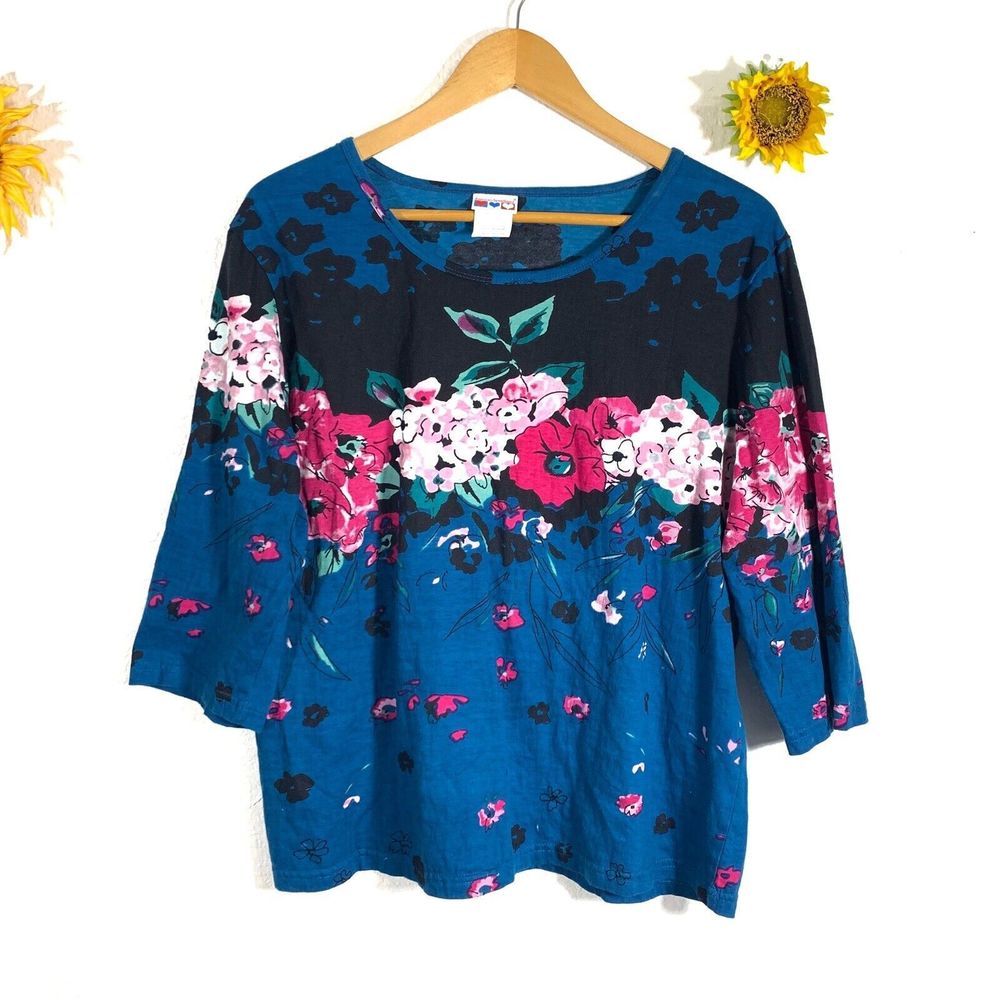 American Sweetheart Blue Pink Floral Blouse Size Large Women’s